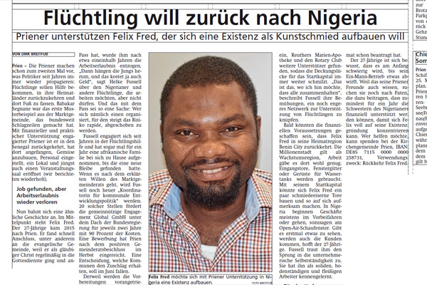 Oberbayerisches Volksblatt, 24.05.2019: Flüchtling will zurück nach Nigeria